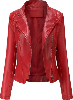 Women Moto Biker Zipper Jacket Spring Motorcycle Faux Leather Jacket Women Autumn Coat In Outerwear Red Beige Black