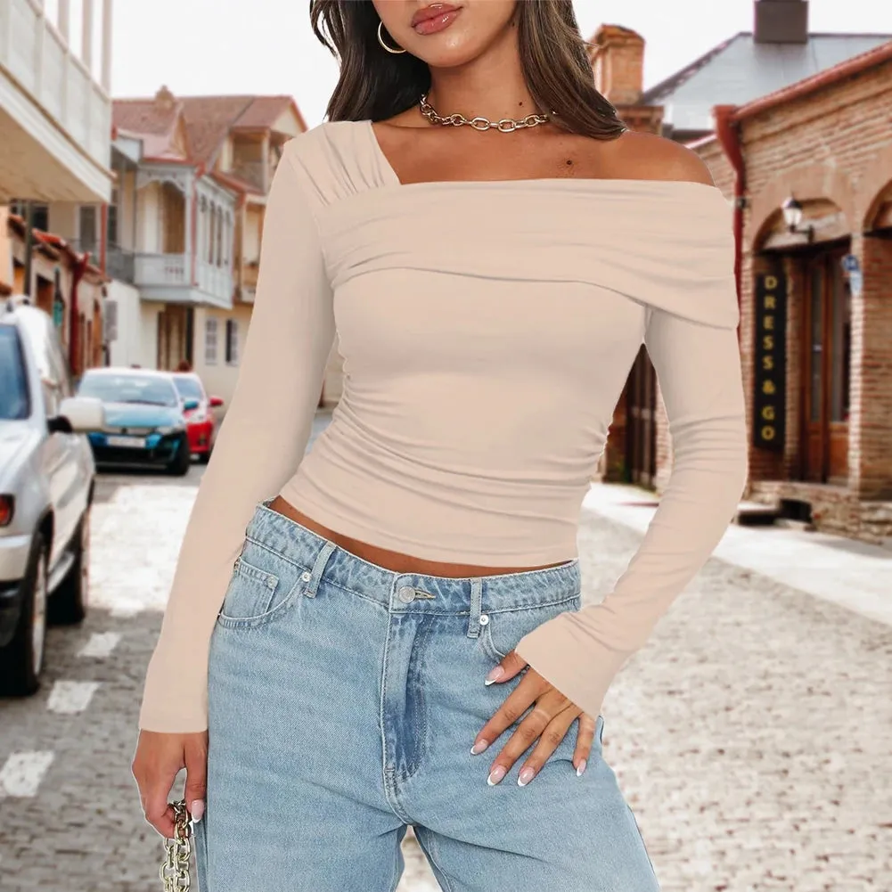 Women One Off Shoulder Long Sleeve Top Sexy Style Asymmetrical Crop Top Solid Color Ruched T Shirts Daily Outfit Streetwear Suit