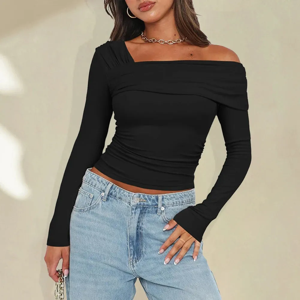 Women One Off Shoulder Long Sleeve Top Sexy Style Asymmetrical Crop Top Solid Color Ruched T Shirts Daily Outfit Streetwear Suit