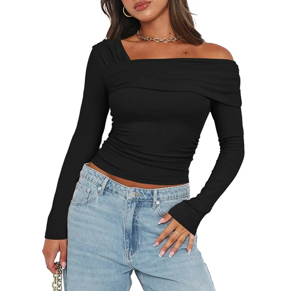 Women One Off Shoulder Long Sleeve Top Sexy Style Asymmetrical Crop Top Solid Color Ruched T Shirts Daily Outfit Streetwear Suit