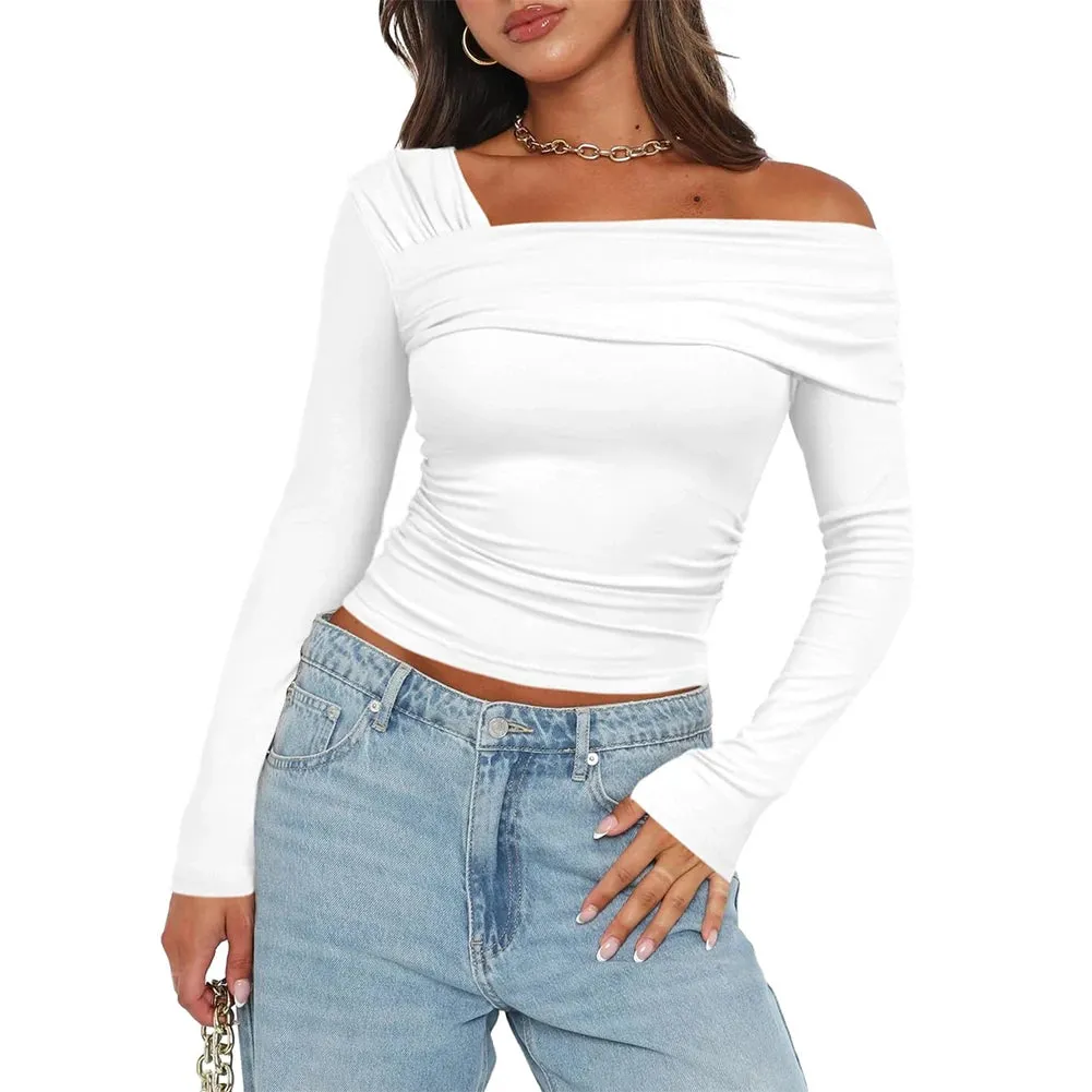 Women One Off Shoulder Long Sleeve Top Sexy Style Asymmetrical Crop Top Solid Color Ruched T Shirts Daily Outfit Streetwear Suit