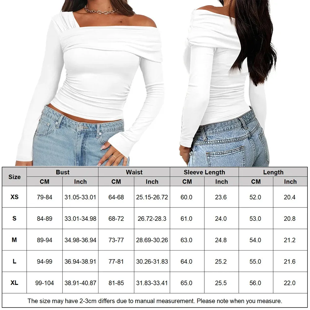 Women One Off Shoulder Long Sleeve Top Sexy Style Asymmetrical Crop Top Solid Color Ruched T Shirts Daily Outfit Streetwear Suit