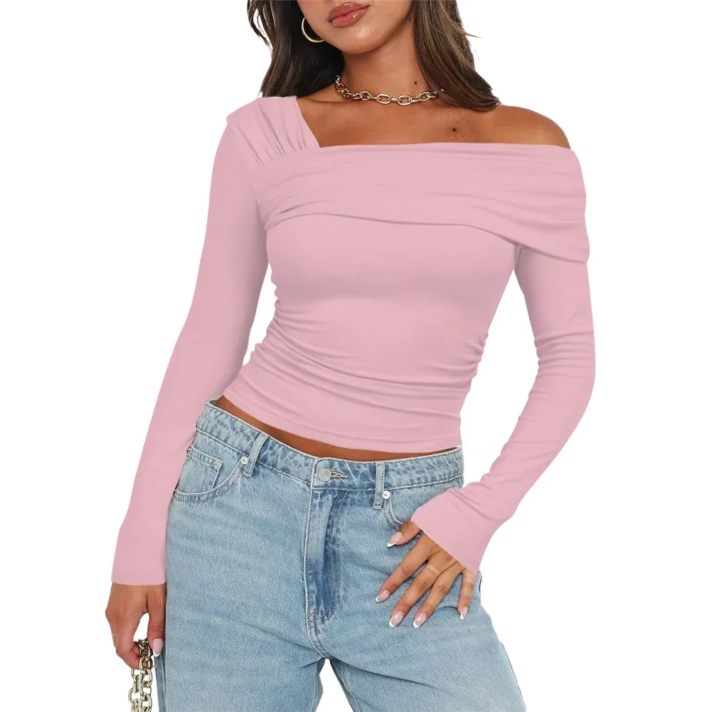 Women One Off Shoulder Long Sleeve Top Sexy Style Asymmetrical Crop Top Solid Color Ruched T Shirts Daily Outfit Streetwear Suit