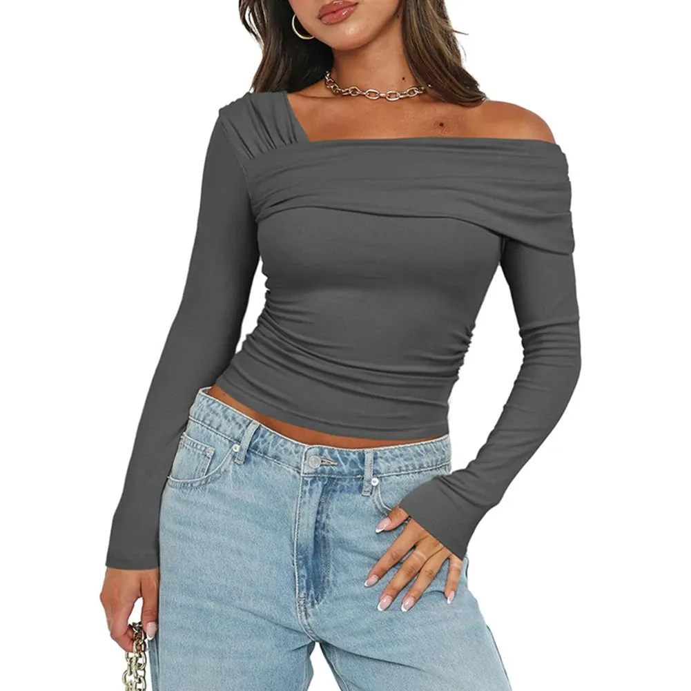 Women One Off Shoulder Long Sleeve Top Sexy Style Asymmetrical Crop Top Solid Color Ruched T Shirts Daily Outfit Streetwear Suit