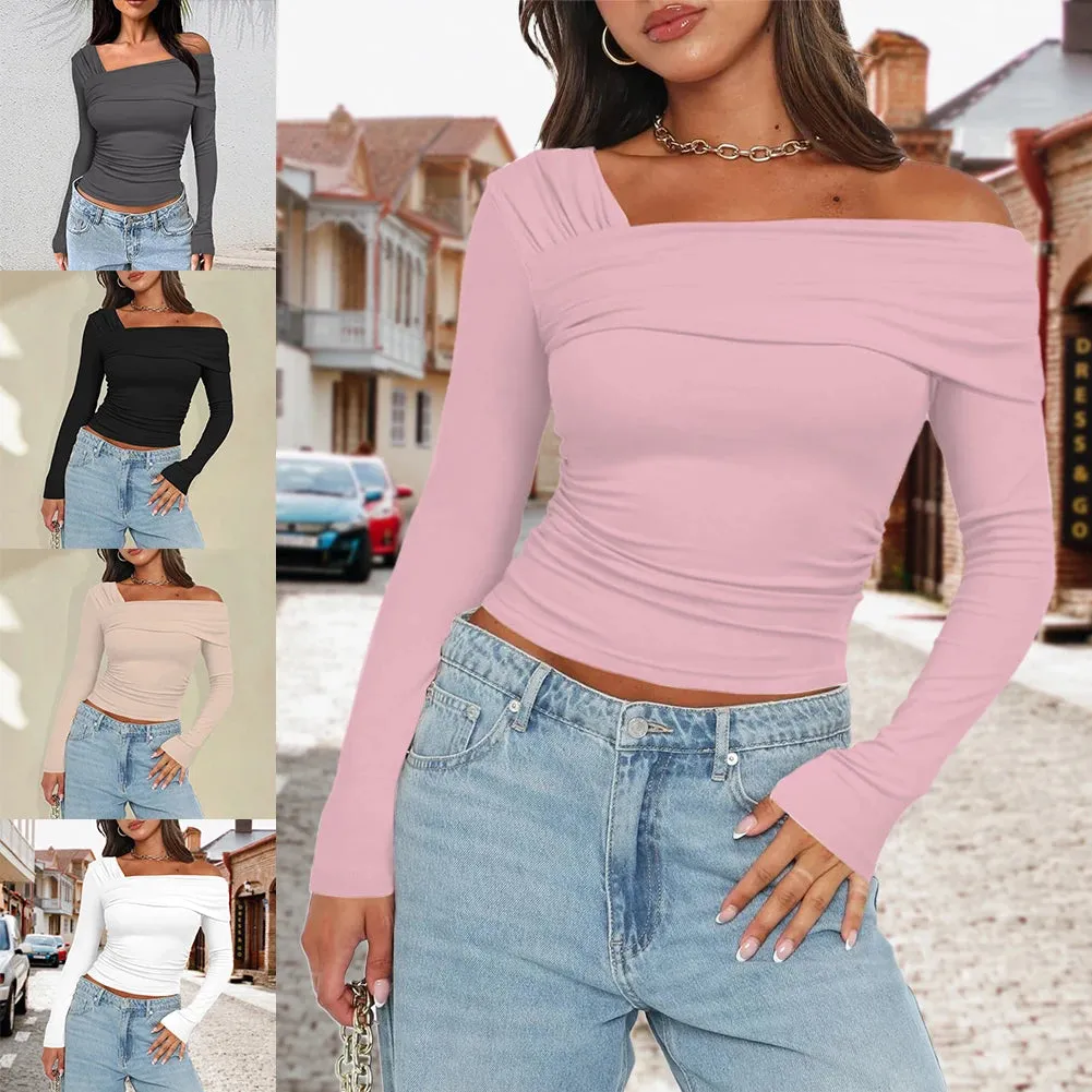Women One Off Shoulder Long Sleeve Top Sexy Style Asymmetrical Crop Top Solid Color Ruched T Shirts Daily Outfit Streetwear Suit