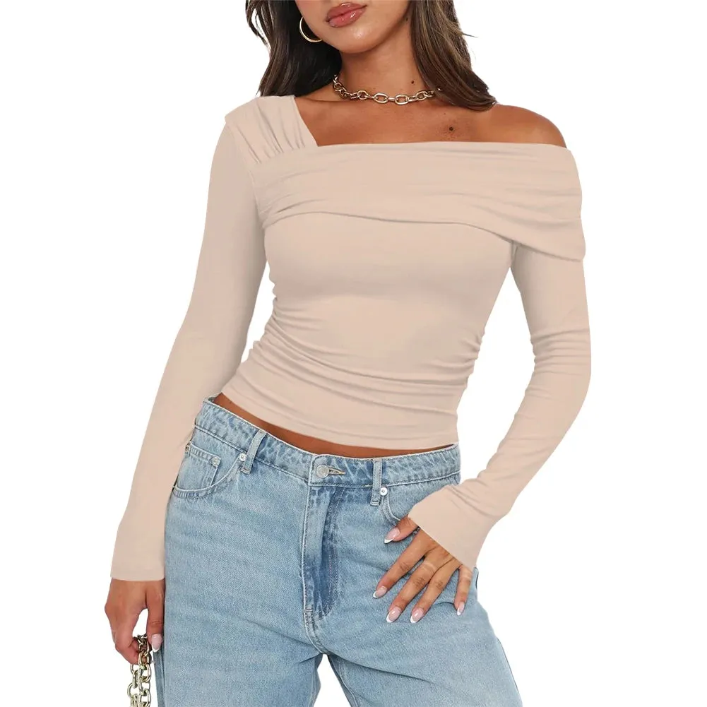 Women One Off Shoulder Long Sleeve Top Sexy Style Asymmetrical Crop Top Solid Color Ruched T Shirts Daily Outfit Streetwear Suit
