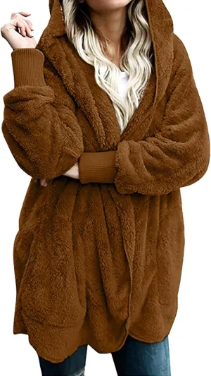 Women Oversized Plush Hoodie Coat Open Front Draped Pockets Cardigan Plain Plus Size Jacket Lightweight Sweater Coats