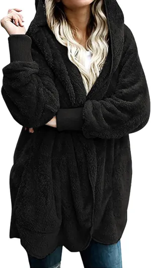 Women Oversized Plush Hoodie Coat Open Front Draped Pockets Cardigan Plain Plus Size Jacket Lightweight Sweater Coats