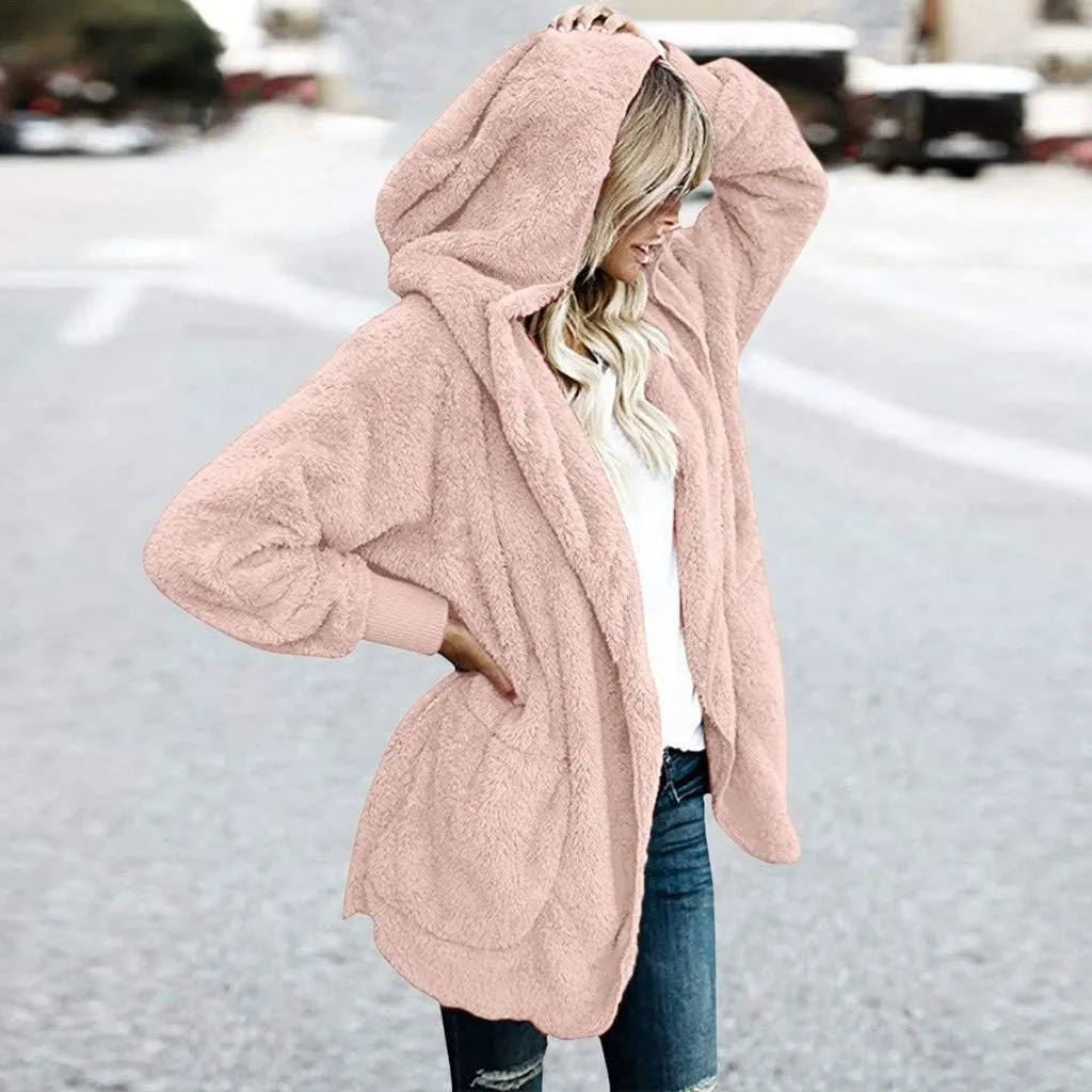 Women Oversized Plush Hoodie Coat Open Front Draped Pockets Cardigan Plain Plus Size Jacket Lightweight Sweater Coats