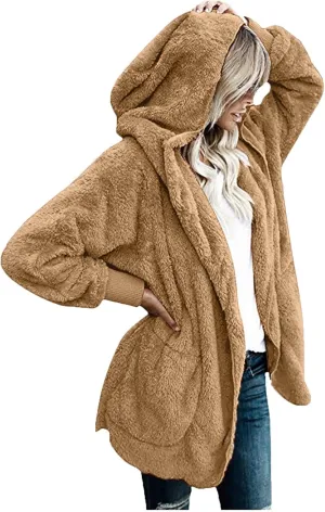 Women Oversized Plush Hoodie Coat Open Front Draped Pockets Cardigan Plain Plus Size Jacket Lightweight Sweater Coats