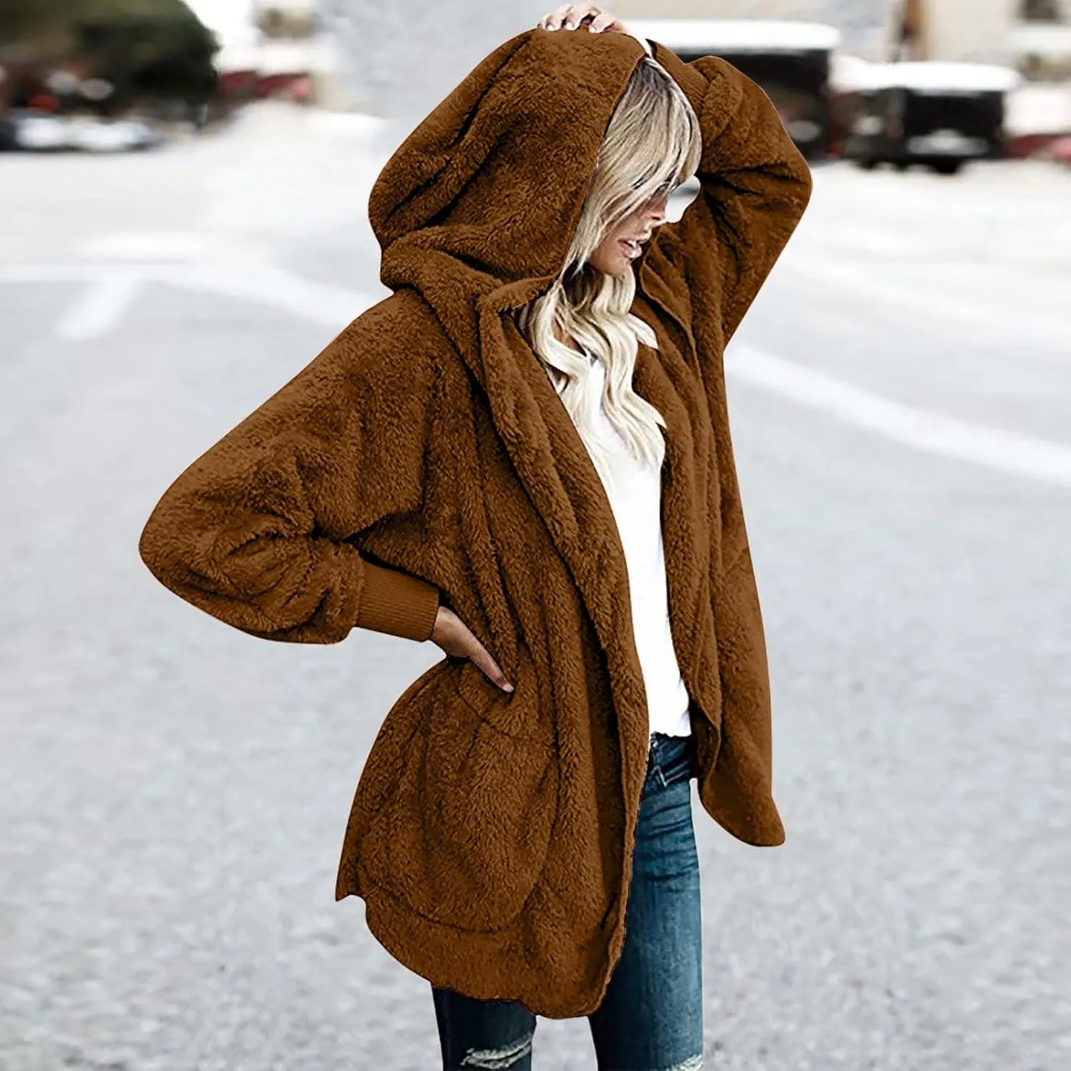 Women Oversized Plush Hoodie Coat Open Front Draped Pockets Cardigan Plain Plus Size Jacket Lightweight Sweater Coats