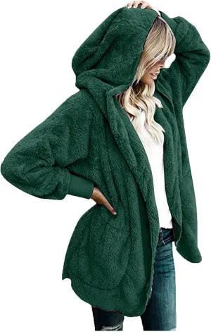 Women Oversized Plush Hoodie Coat Open Front Draped Pockets Cardigan Plain Plus Size Jacket Lightweight Sweater Coats