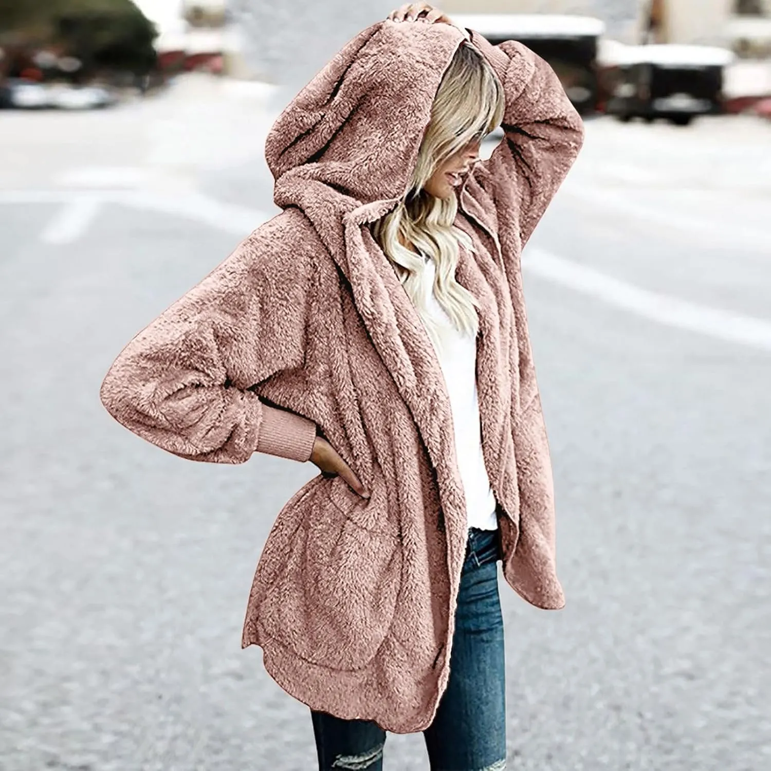Women Oversized Plush Hoodie Coat Open Front Draped Pockets Cardigan Plain Plus Size Jacket Lightweight Sweater Coats