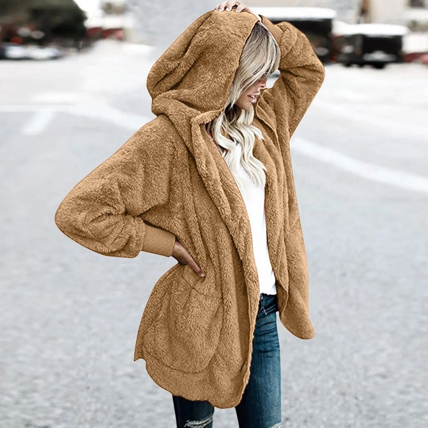 Women Oversized Plush Hoodie Coat Open Front Draped Pockets Cardigan Plain Plus Size Jacket Lightweight Sweater Coats