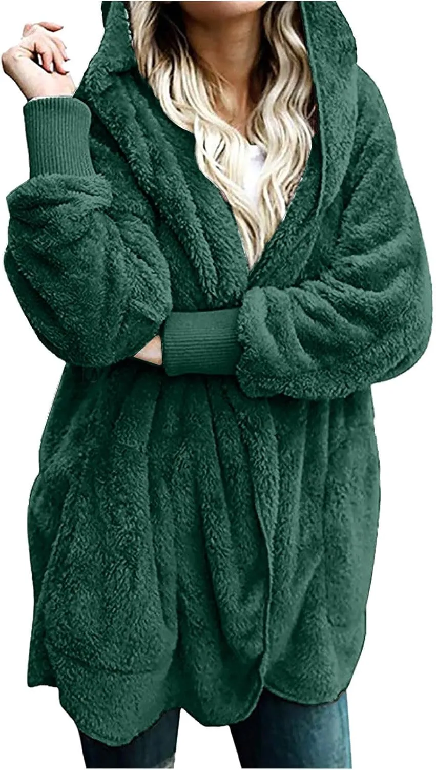 Women Oversized Plush Hoodie Coat Open Front Draped Pockets Cardigan Plain Plus Size Jacket Lightweight Sweater Coats