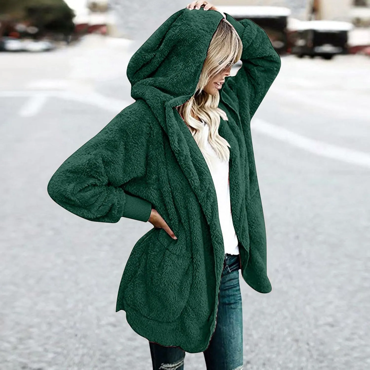 Women Oversized Plush Hoodie Coat Open Front Draped Pockets Cardigan Plain Plus Size Jacket Lightweight Sweater Coats