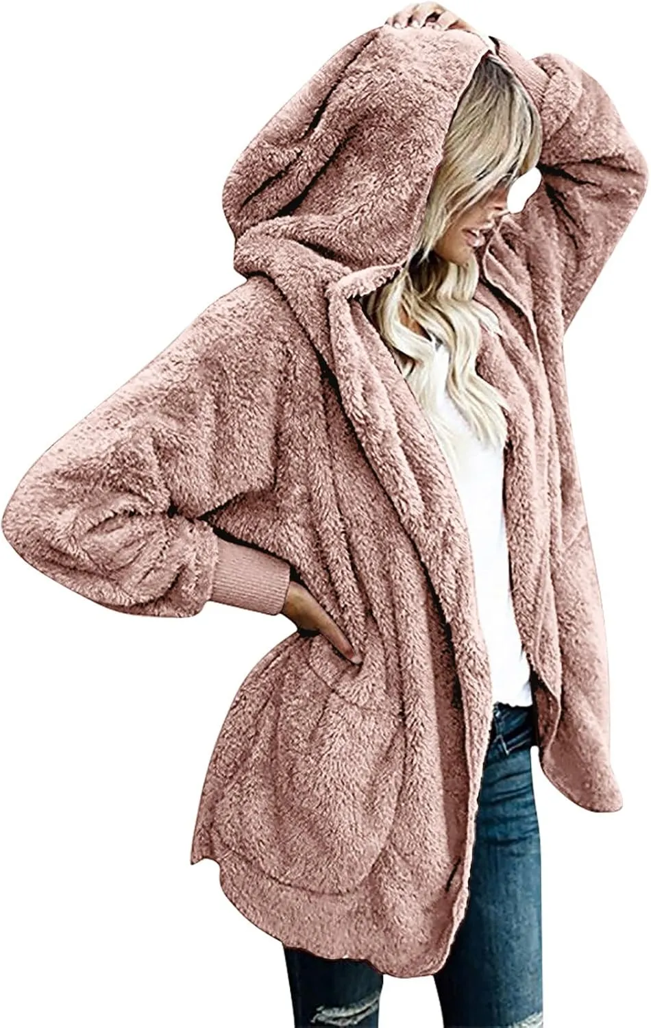 Women Oversized Plush Hoodie Coat Open Front Draped Pockets Cardigan Plain Plus Size Jacket Lightweight Sweater Coats