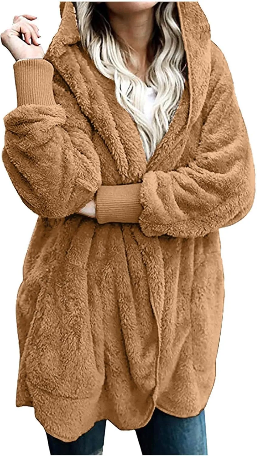 Women Oversized Plush Hoodie Coat Open Front Draped Pockets Cardigan Plain Plus Size Jacket Lightweight Sweater Coats