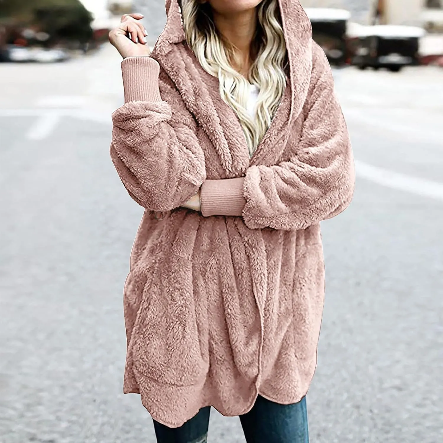 Women Oversized Plush Hoodie Coat Open Front Draped Pockets Cardigan Plain Plus Size Jacket Lightweight Sweater Coats
