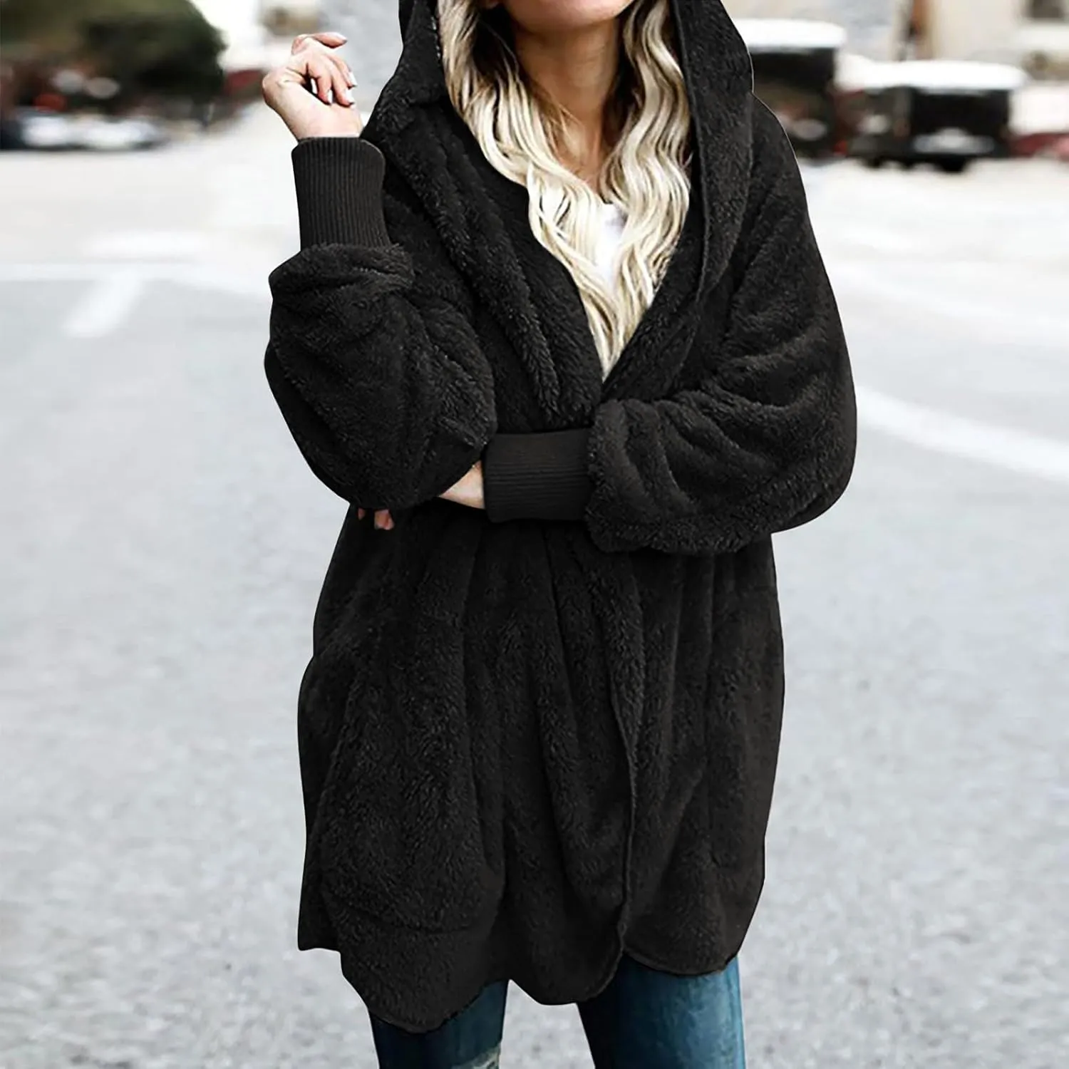 Women Oversized Plush Hoodie Coat Open Front Draped Pockets Cardigan Plain Plus Size Jacket Lightweight Sweater Coats
