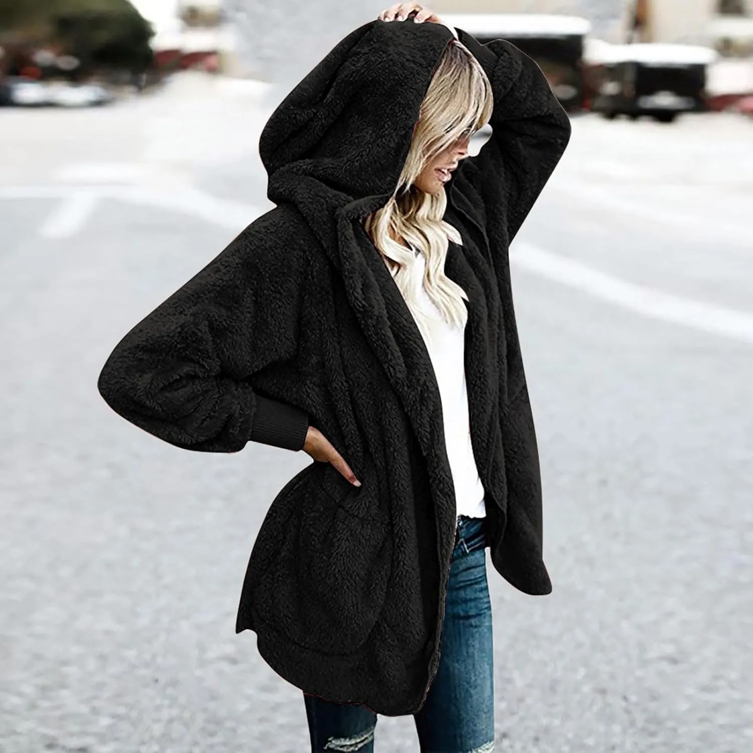 Women Oversized Plush Hoodie Coat Open Front Draped Pockets Cardigan Plain Plus Size Jacket Lightweight Sweater Coats
