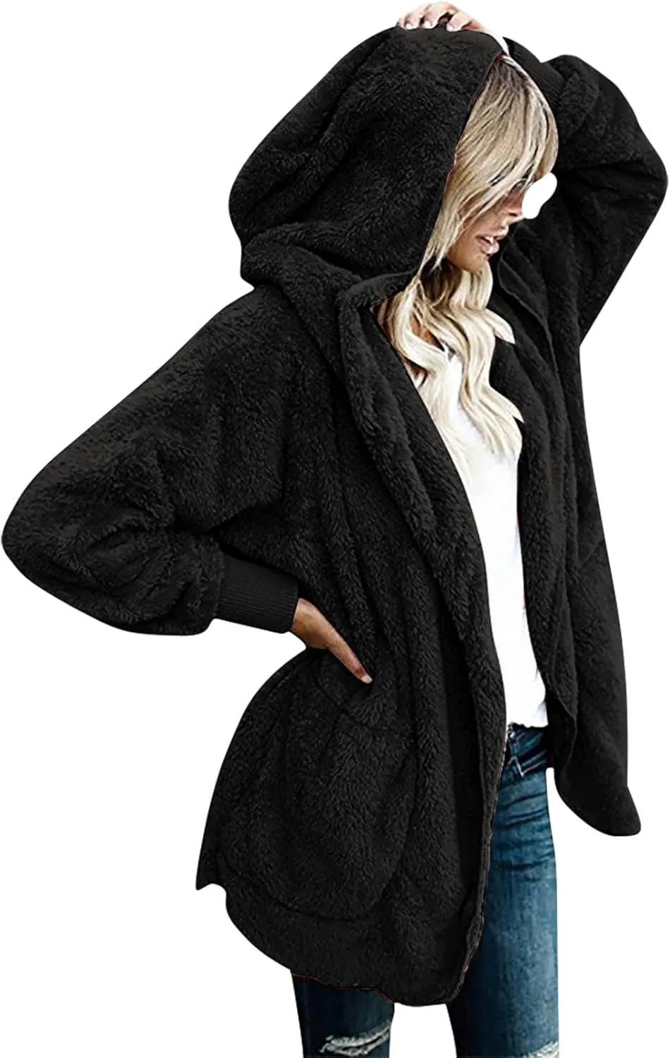 Women Oversized Plush Hoodie Coat Open Front Draped Pockets Cardigan Plain Plus Size Jacket Lightweight Sweater Coats