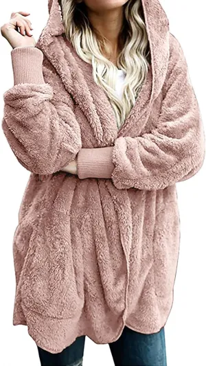 Women Oversized Plush Hoodie Coat Open Front Draped Pockets Cardigan Plain Plus Size Jacket Lightweight Sweater Coats