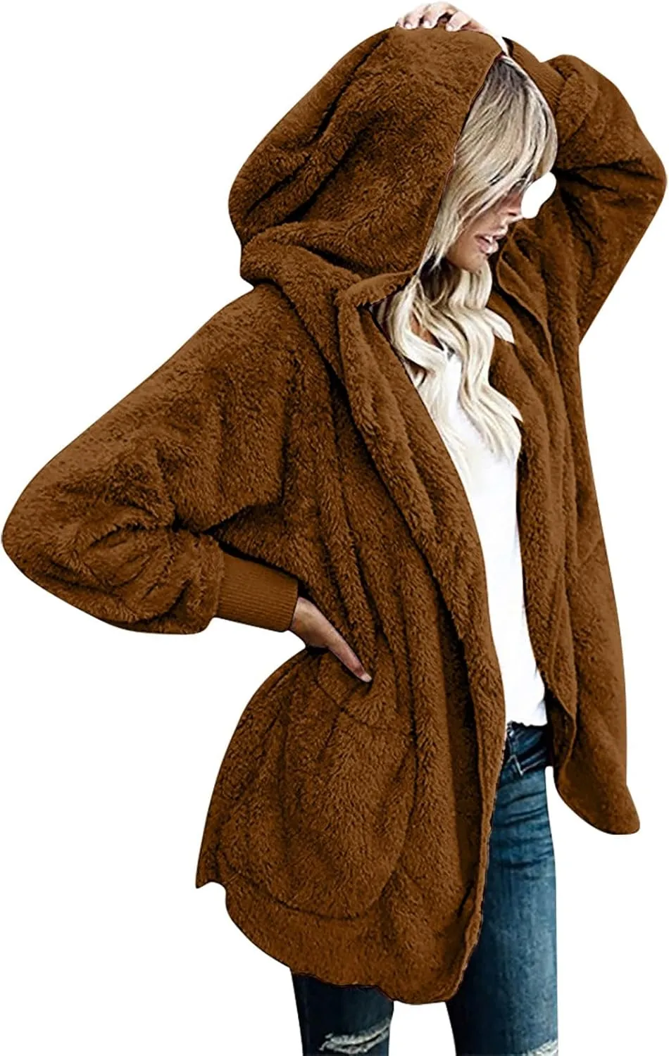Women Oversized Plush Hoodie Coat Open Front Draped Pockets Cardigan Plain Plus Size Jacket Lightweight Sweater Coats