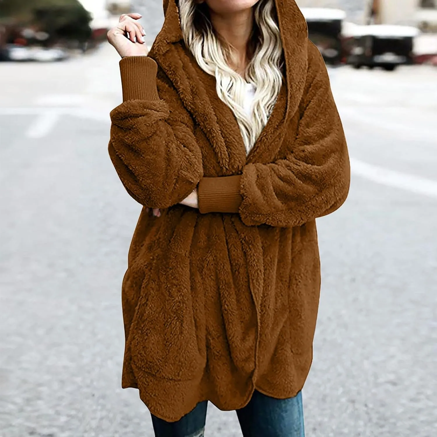 Women Oversized Plush Hoodie Coat Open Front Draped Pockets Cardigan Plain Plus Size Jacket Lightweight Sweater Coats