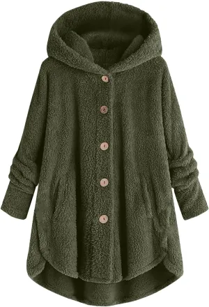 Women Plus Size Plush Coats Button Tops Hooded Loose Cardigan Wool Winter Jacket Warm Solid Color Sweater Coat