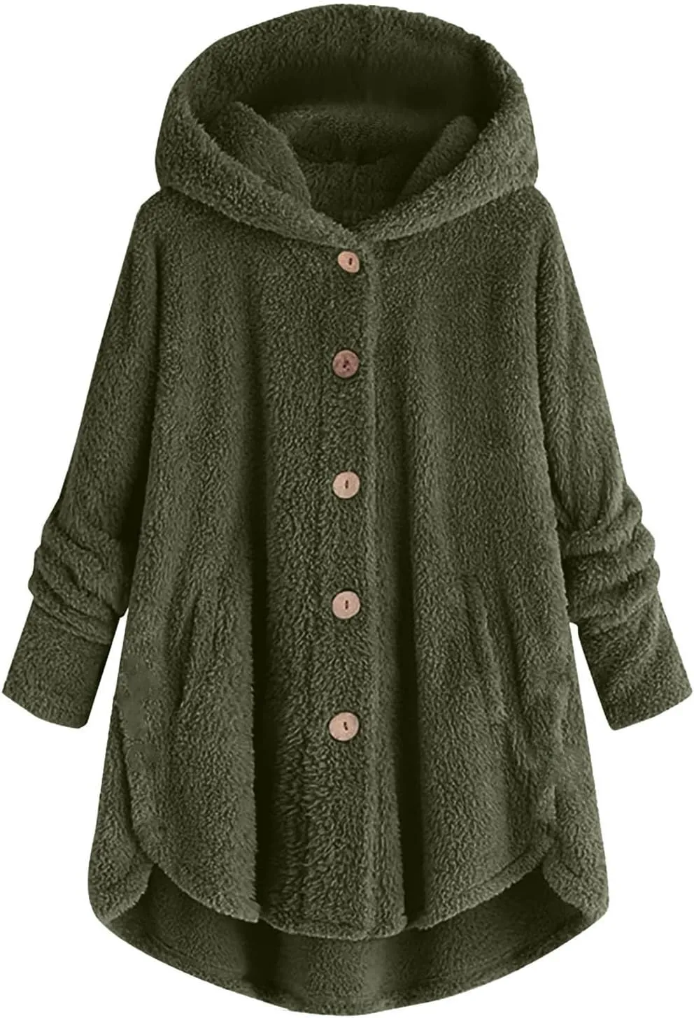 Women Plus Size Plush Coats Button Tops Hooded Loose Cardigan Wool Winter Jacket Warm Solid Color Sweater Coat