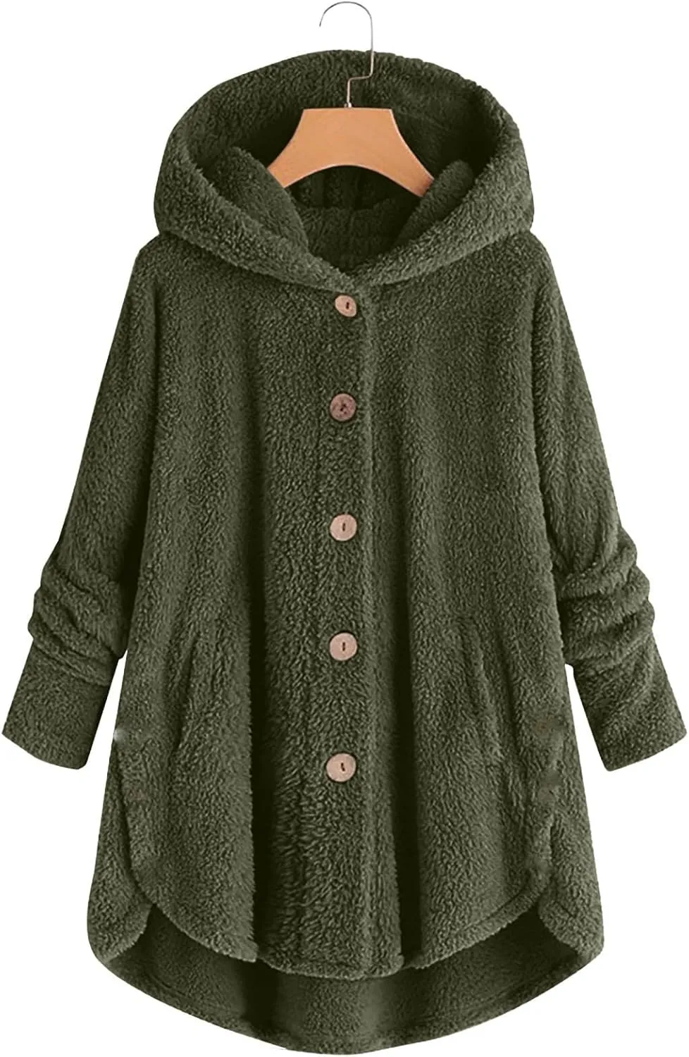 Women Plus Size Plush Coats Button Tops Hooded Loose Cardigan Wool Winter Jacket Warm Solid Color Sweater Coat