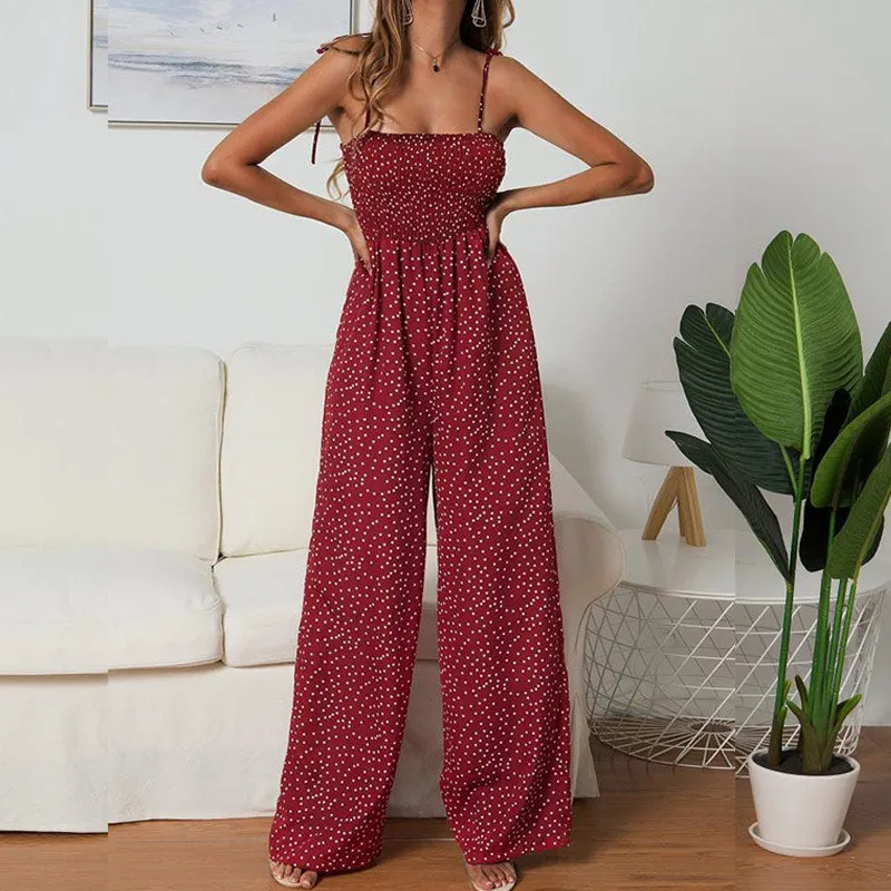 Women Polka Dot Jumpsuit High Waist Rompers Boho Yellow Spaghetti Strap Top Wide Leg Pants Female Summer 2019 Jumpsuits Ladies
