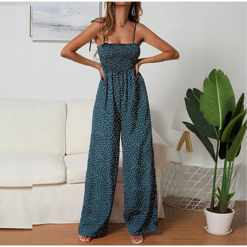 Women Polka Dot Jumpsuit High Waist Rompers Boho Yellow Spaghetti Strap Top Wide Leg Pants Female Summer 2019 Jumpsuits Ladies