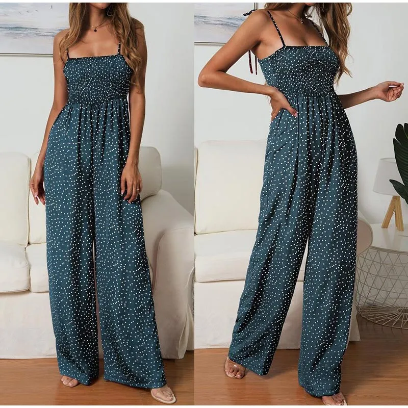 Women Polka Dot Jumpsuit High Waist Rompers Boho Yellow Spaghetti Strap Top Wide Leg Pants Female Summer 2019 Jumpsuits Ladies