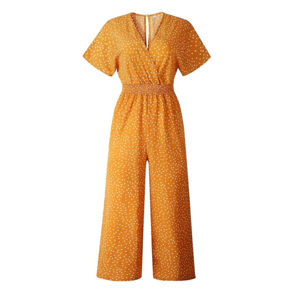 Women Polka Dot Jumpsuit High Waist Rompers Boho Yellow Spaghetti Strap Top Wide Leg Pants Female Summer 2019 Jumpsuits Ladies