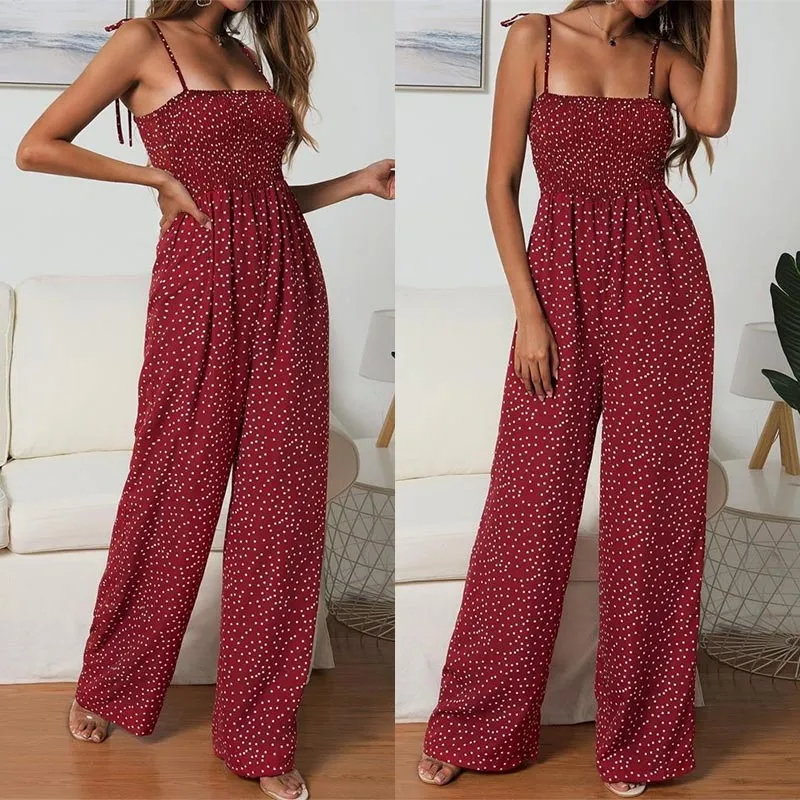 Women Polka Dot Jumpsuit High Waist Rompers Boho Yellow Spaghetti Strap Top Wide Leg Pants Female Summer 2019 Jumpsuits Ladies