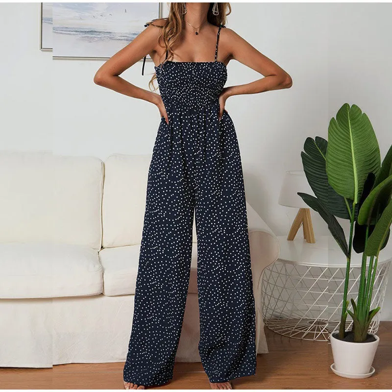 Women Polka Dot Jumpsuit High Waist Rompers Boho Yellow Spaghetti Strap Top Wide Leg Pants Female Summer 2019 Jumpsuits Ladies