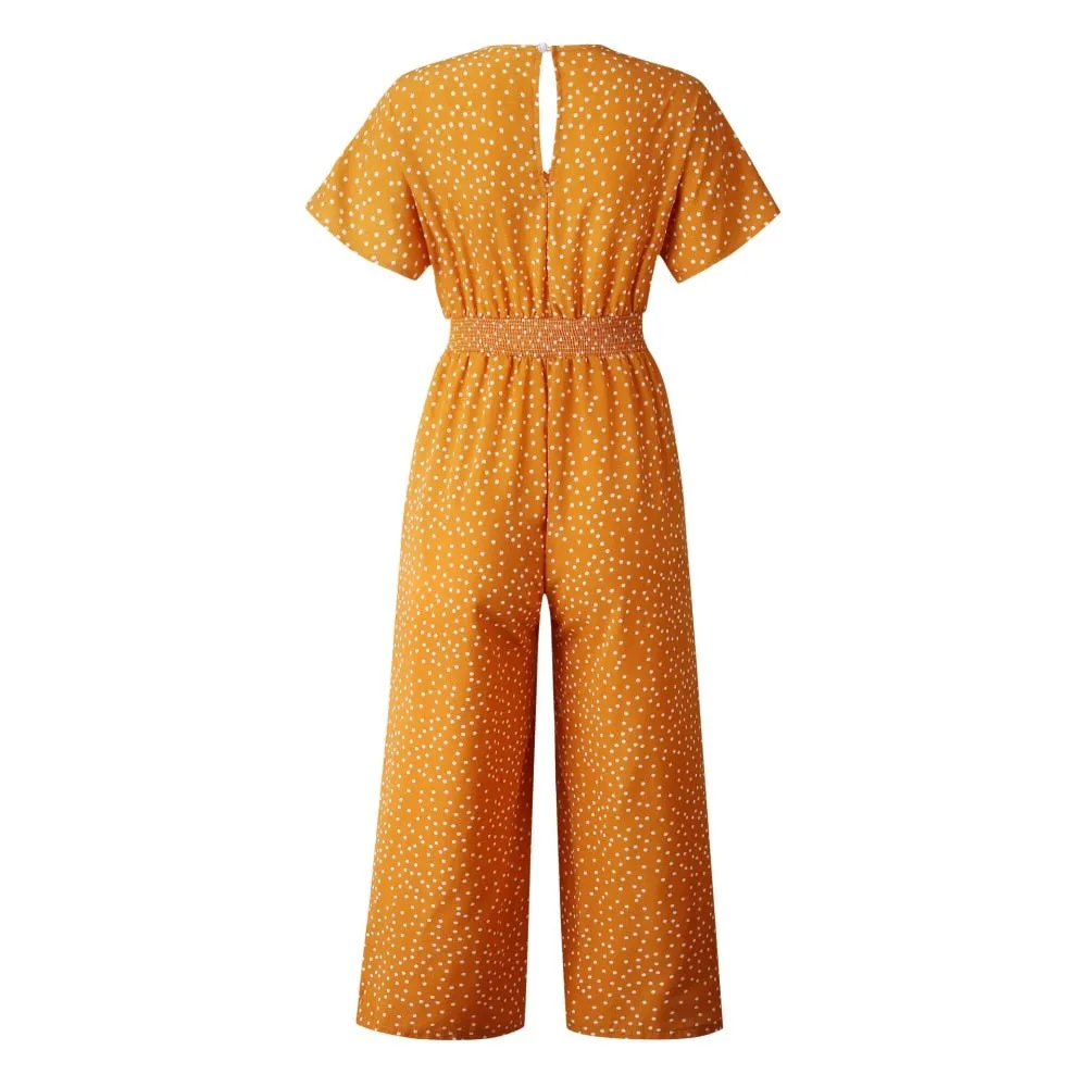 Women Polka Dot Jumpsuit High Waist Rompers Boho Yellow Spaghetti Strap Top Wide Leg Pants Female Summer 2019 Jumpsuits Ladies