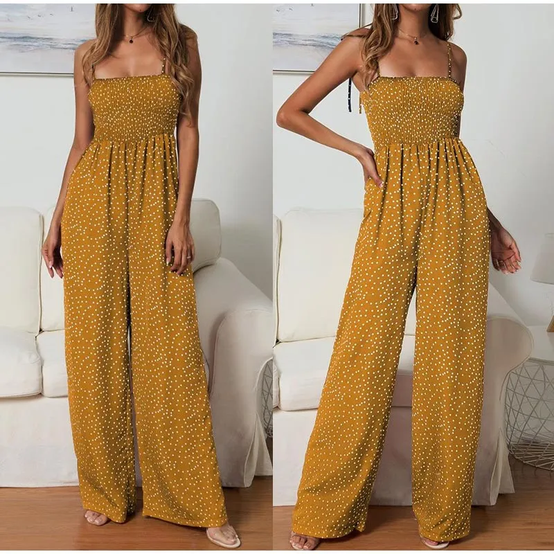 Women Polka Dot Jumpsuit High Waist Rompers Boho Yellow Spaghetti Strap Top Wide Leg Pants Female Summer 2019 Jumpsuits Ladies