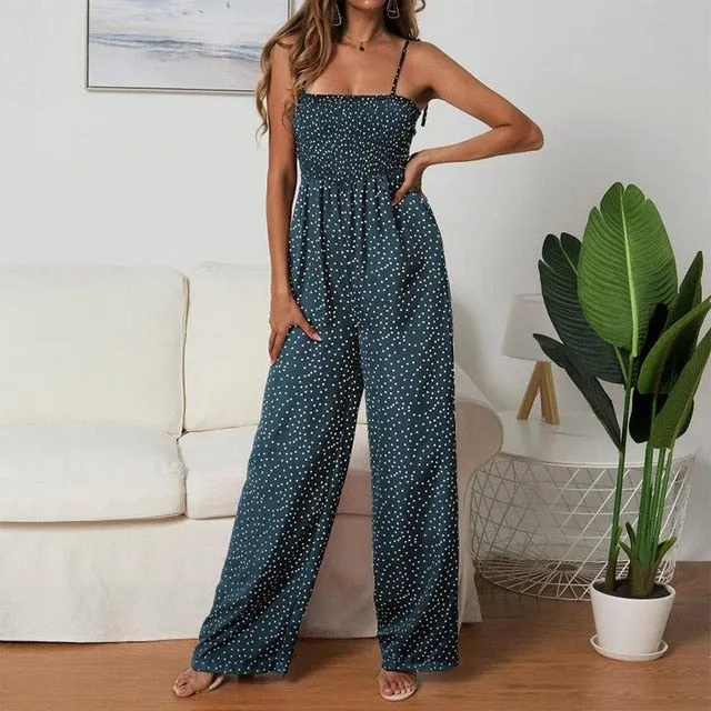 Women Polka Dot Jumpsuit High Waist Rompers Boho Yellow Spaghetti Strap Top Wide Leg Pants Female Summer 2019 Jumpsuits Ladies