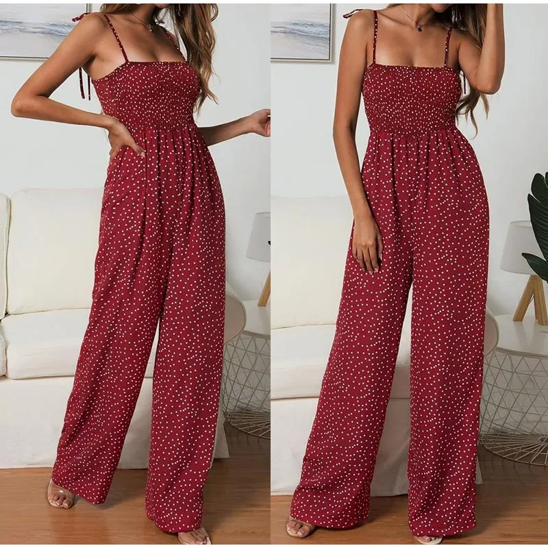 Women Polka Dot Jumpsuit High Waist Rompers Boho Yellow Spaghetti Strap Top Wide Leg Pants Female Summer 2019 Jumpsuits Ladies