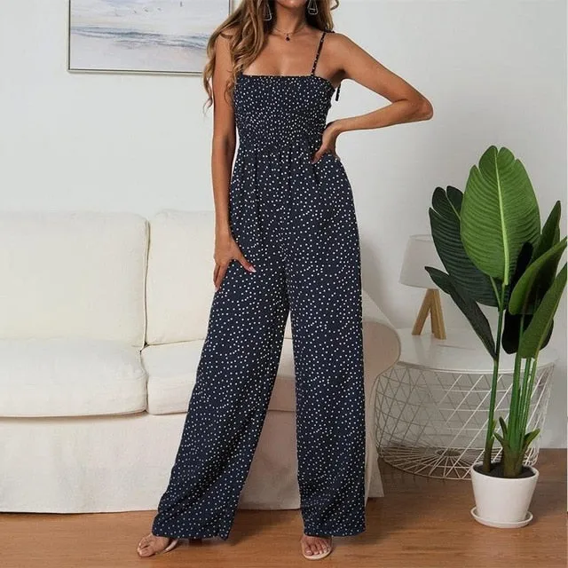 Women Polka Dot Jumpsuit High Waist Rompers Boho Yellow Spaghetti Strap Top Wide Leg Pants Female Summer 2019 Jumpsuits Ladies