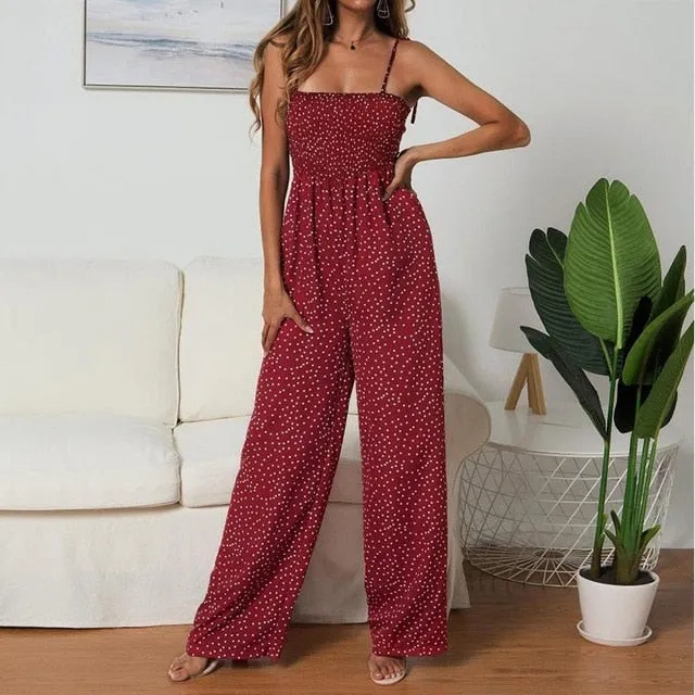 Women Polka Dot Jumpsuit High Waist Rompers Boho Yellow Spaghetti Strap Top Wide Leg Pants Female Summer 2019 Jumpsuits Ladies