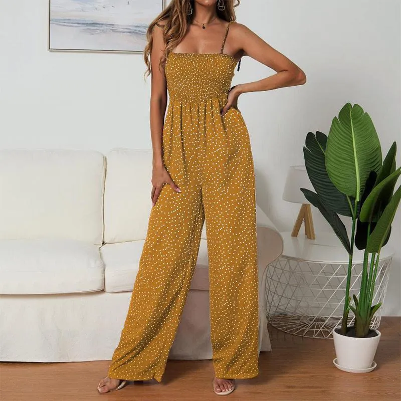 Women Polka Dot Jumpsuit High Waist Rompers Boho Yellow Spaghetti Strap Top Wide Leg Pants Female Summer 2019 Jumpsuits Ladies