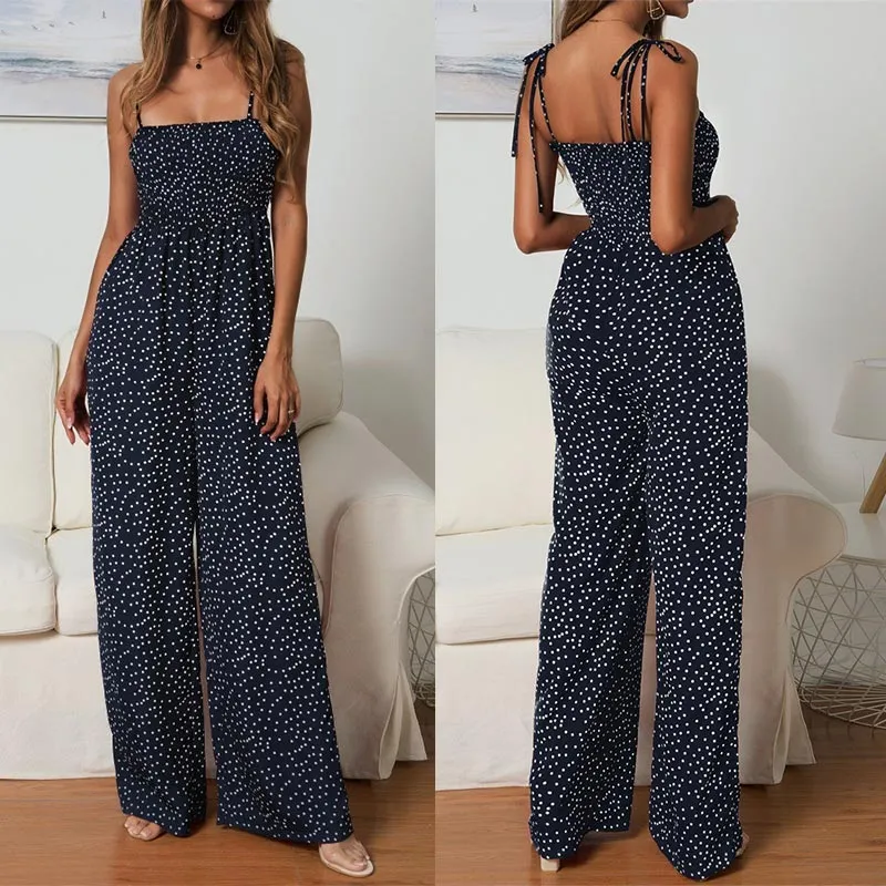 Women Polka Dot Jumpsuit High Waist Rompers Boho Yellow Spaghetti Strap Top Wide Leg Pants Female Summer 2019 Jumpsuits Ladies