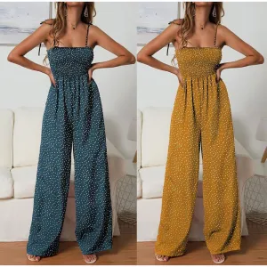 Women Polka Dot Jumpsuit High Waist Rompers Boho Yellow Spaghetti Strap Top Wide Leg Pants Female Summer 2019 Jumpsuits Ladies