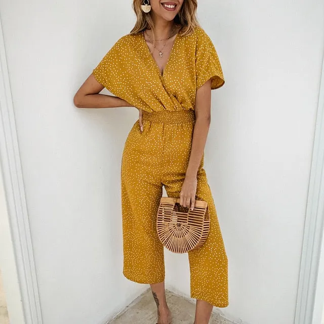 Women Polka Dot Jumpsuit High Waist Rompers Boho Yellow Spaghetti Strap Top Wide Leg Pants Female Summer 2019 Jumpsuits Ladies