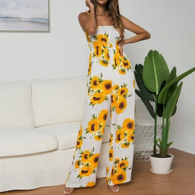 Women Polka Dot Jumpsuit High Waist Rompers Boho Yellow Spaghetti Strap Top Wide Leg Pants Female Summer 2019 Jumpsuits Ladies