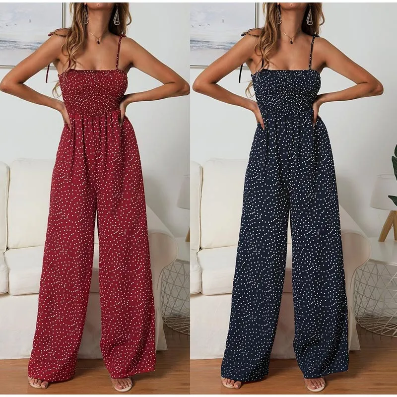 Women Polka Dot Jumpsuit High Waist Rompers Boho Yellow Spaghetti Strap Top Wide Leg Pants Female Summer 2019 Jumpsuits Ladies